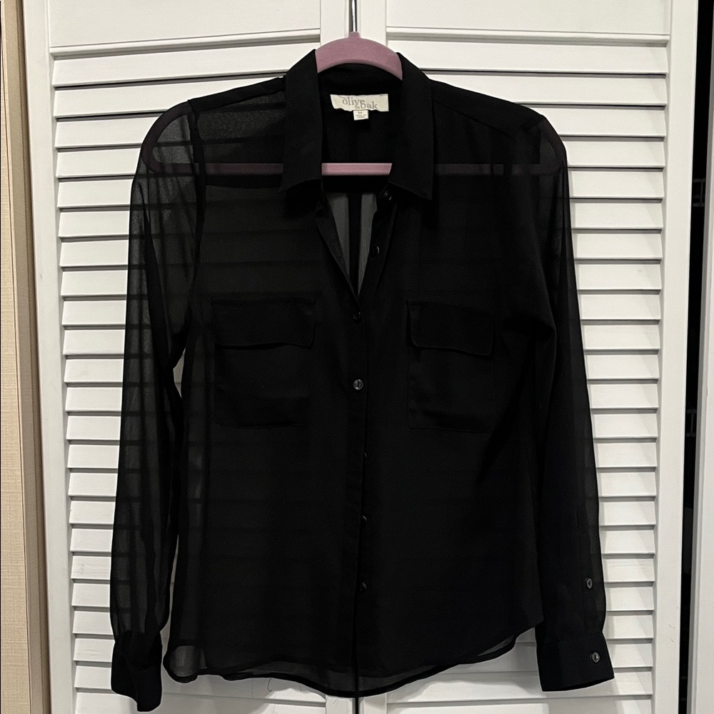 Olive & Oak Semi-Sheer Black Button-Up Blouse